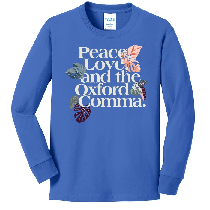 Peace Love And The Comma Grammar Lover Kids Long Sleeve Shirt