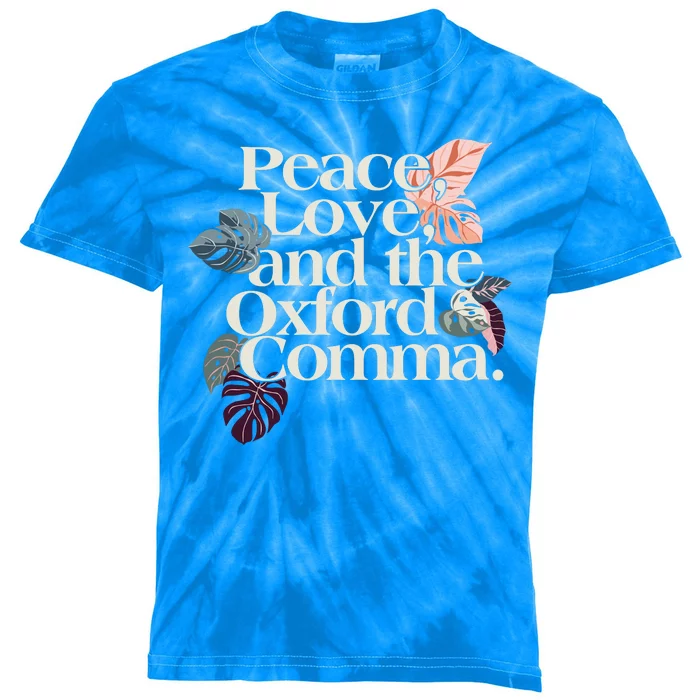 Peace Love And The Comma Grammar Lover Kids Tie-Dye T-Shirt