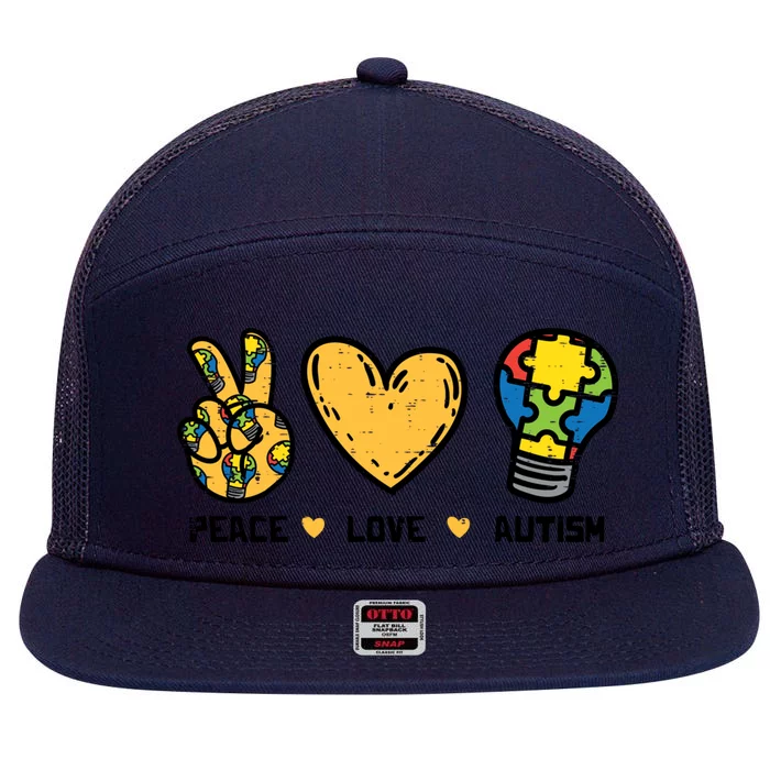 Peace Love Autism Cute Light Bulb Puzzle Awareness Autistic Cool Gift 7 Panel Mesh Trucker Snapback Hat