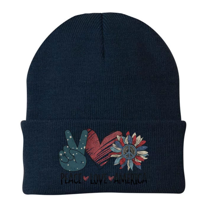 Peace Love America Vintage Sunflower Heart July 4th Retro Cute Gift Knit Cap Winter Beanie