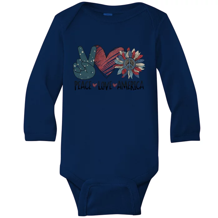 Peace Love America Vintage Sunflower Heart July 4th Retro Cute Gift Baby Long Sleeve Bodysuit