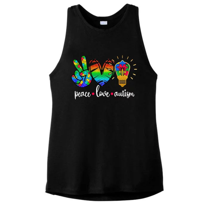 Peace Love Autism funny autism awareness month Ladies Tri-Blend Wicking Tank