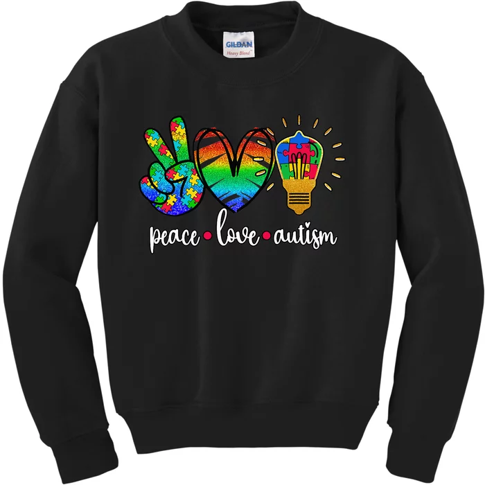 Peace Love Autism funny autism awareness month Kids Sweatshirt