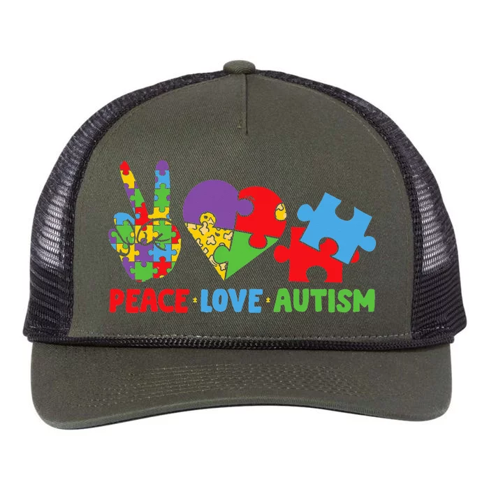 Peace Love Autism Super Cute Puzzle Pieces Autism Awareness Retro Rope Trucker Hat Cap