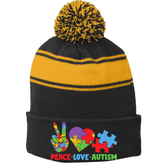 Peace Love Autism Super Cute Puzzle Pieces Autism Awareness Stripe Pom Pom Beanie