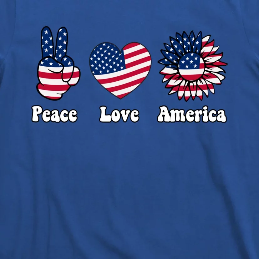 Peace Love And America Peace Sign Sunflower American Flag Gift T-Shirt