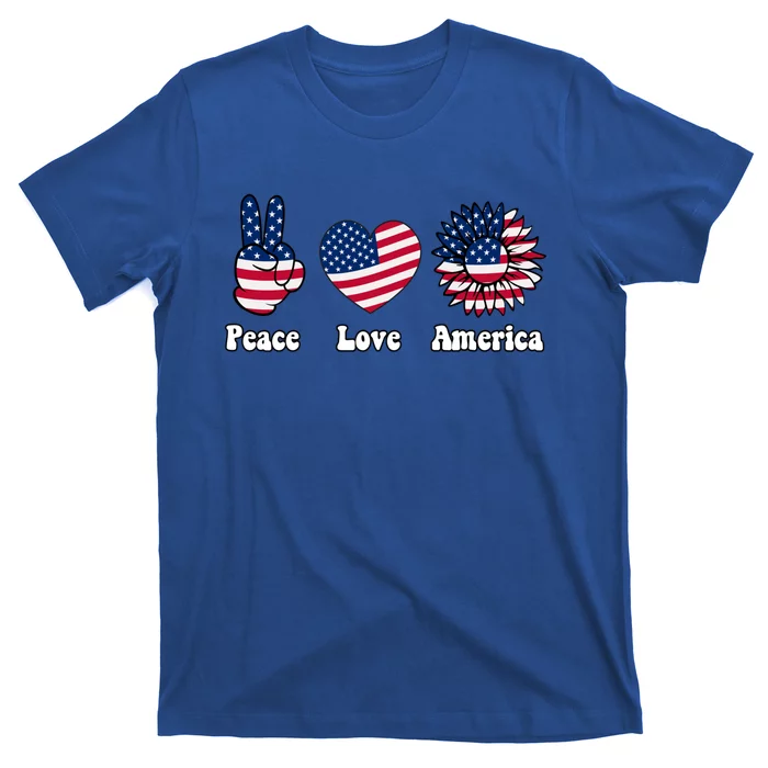 Peace Love And America Peace Sign Sunflower American Flag Gift T-Shirt