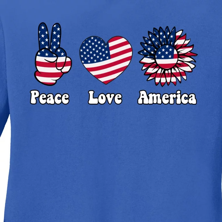 Peace Love And America Peace Sign Sunflower American Flag Gift Ladies Long Sleeve Shirt