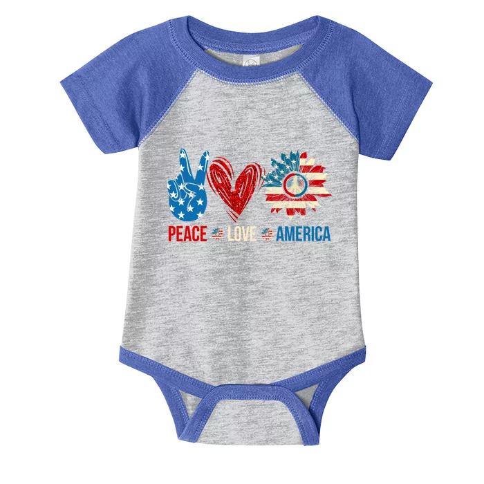 Peace Love America Patriotic Usa Flag Sunflower 4th Of July Gift Infant Baby Jersey Bodysuit