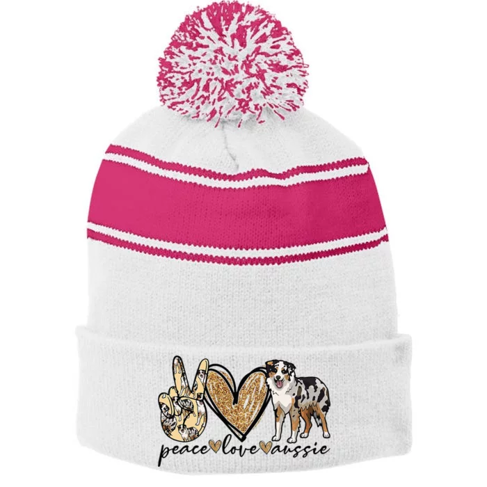 Peace Love Aussie Australian Shepherd Dog Pets Animals Stripe Pom Pom Beanie