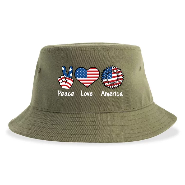 Peace Love America Peace Sunflower Us Flag 4th Of July Day Cool Gift Sustainable Bucket Hat