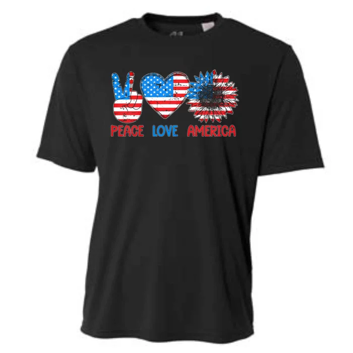 Peace Love America With Hand Sign Sunflower And Us Flag Meaningful Gift Cooling Performance Crew T-Shirt