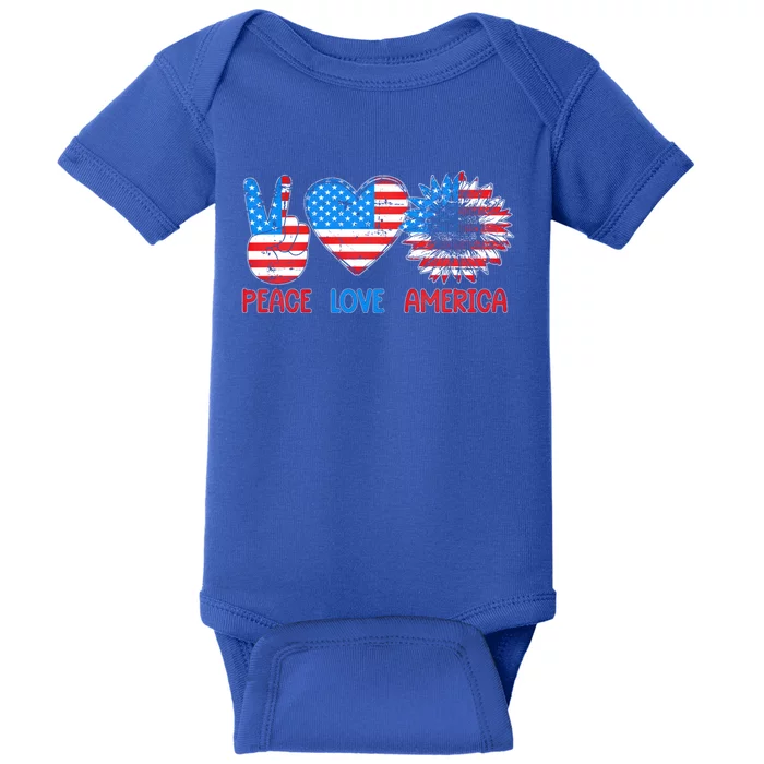 Peace Love America With Hand Sign Sunflower And Us Flag Meaningful Gift Baby Bodysuit