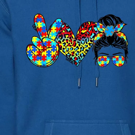 Peace Love Autism Mom Life Messy Bun Blue Autism Awareness Meaningful Gift Premium Hoodie