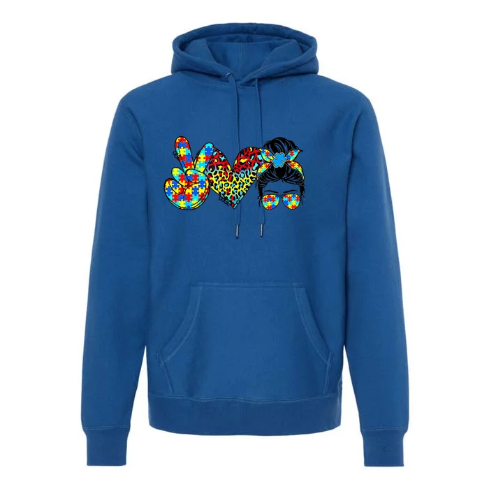 Peace Love Autism Mom Life Messy Bun Blue Autism Awareness Meaningful Gift Premium Hoodie