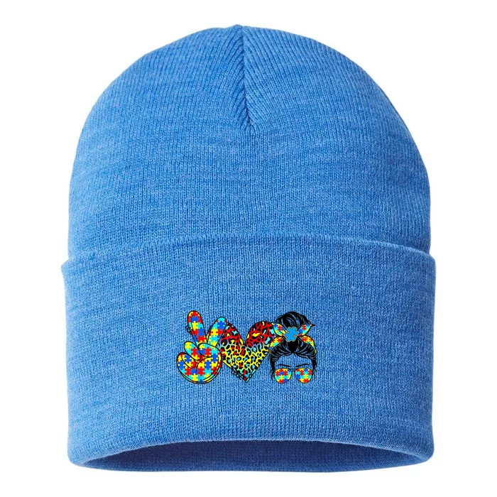 Peace Love Autism Mom Life Messy Bun Blue Autism Awareness Meaningful Gift Sustainable Knit Beanie