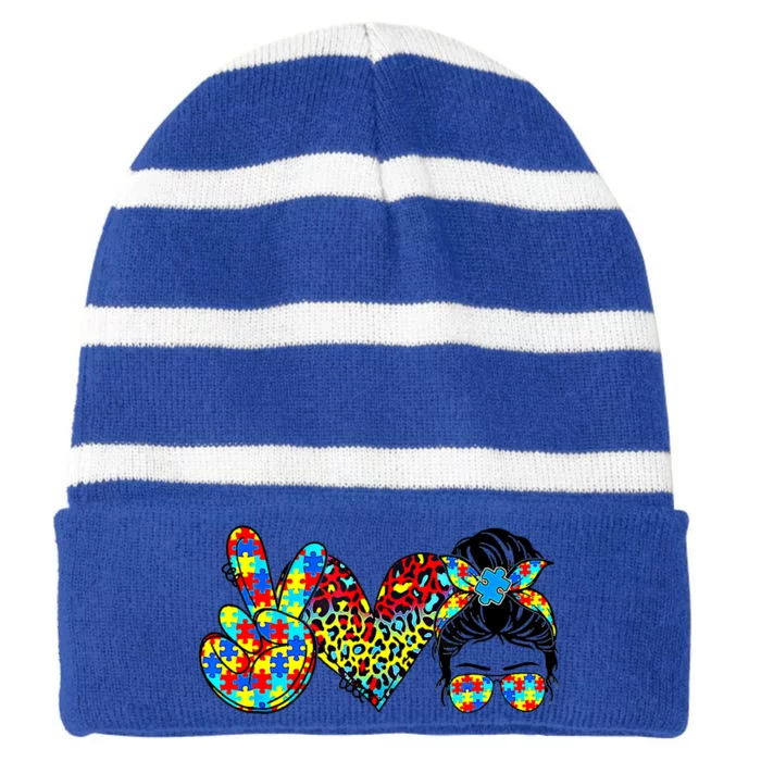 Peace Love Autism Mom Life Messy Bun Blue Autism Awareness Meaningful Gift Striped Beanie with Solid Band