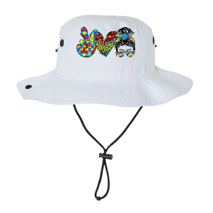 Peace Love Autism Mom Life Messy Bun Blue Autism Awareness Meaningful Gift Legacy Cool Fit Booney Bucket Hat