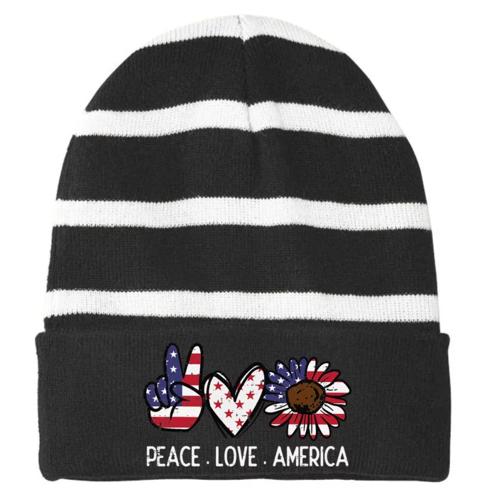 Peace Love America US Flag Fourth Wo 4th Of July Patriot Striped Beanie with Solid Band