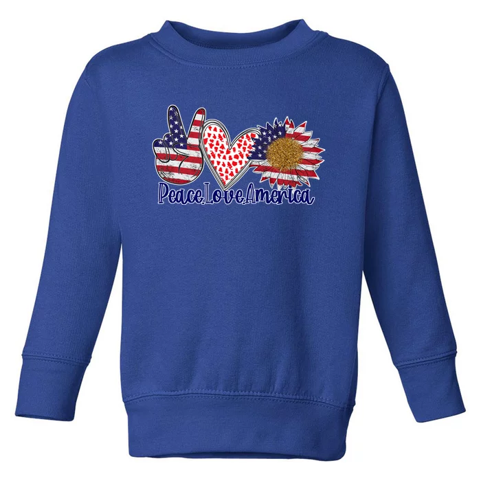 Peace Love America 4th July Patriotic Sunflower Heart Sign Cool Gift Toddler Sweatshirt