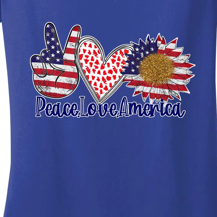 Peace Love America 4th July Patriotic Sunflower Heart Sign Cool Gift Women's V-Neck T-Shirt