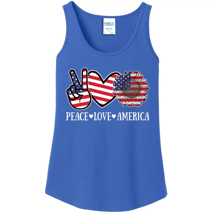 Peace Love America 4th July Patriotic Sunflower Heart Sign Great Gift Ladies Essential Tank