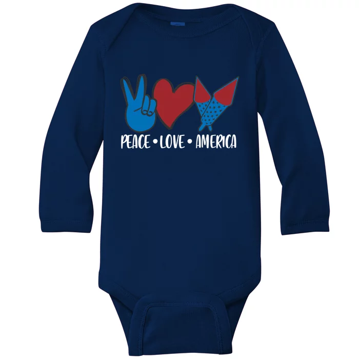 Peace Love America 4th July Patriotic Sunflower Heart Sign Funny Gift Baby Long Sleeve Bodysuit