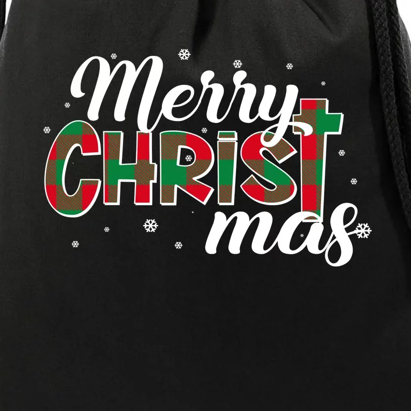 Plaid Merry Christmas Christ Drawstring Bag