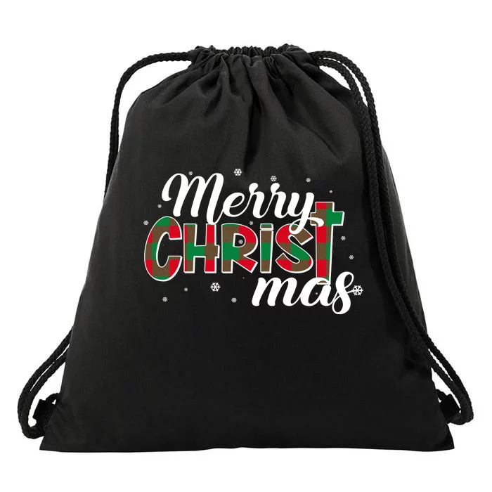 Plaid Merry Christmas Christ Drawstring Bag