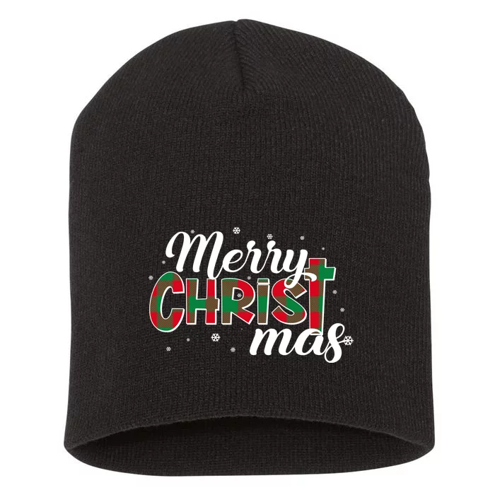 Plaid Merry Christmas Christ Short Acrylic Beanie