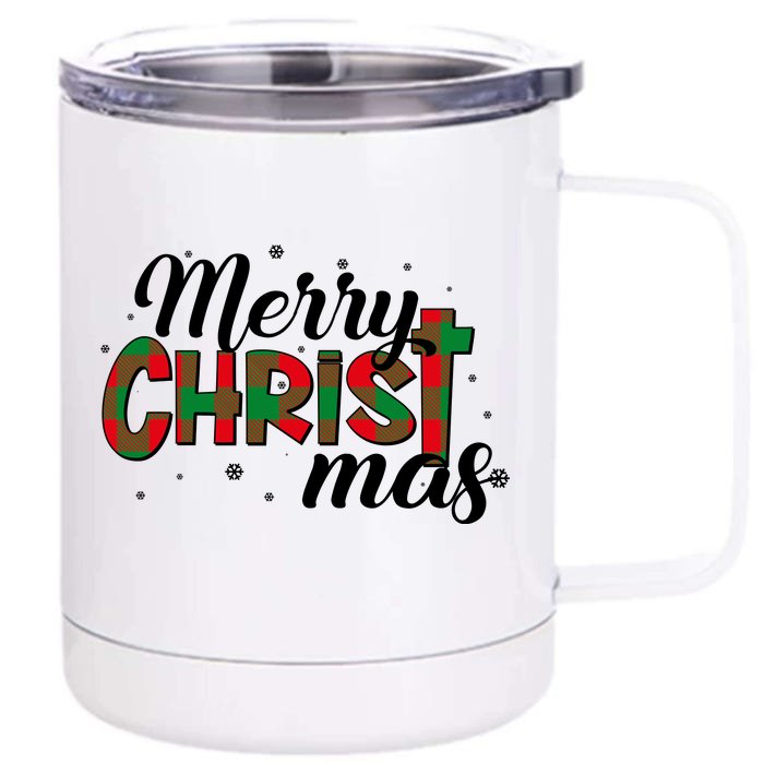 Plaid Merry Christmas Christ Front & Back 12oz Stainless Steel Tumbler Cup