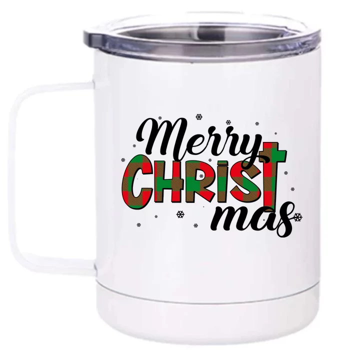 Plaid Merry Christmas Christ Front & Back 12oz Stainless Steel Tumbler Cup