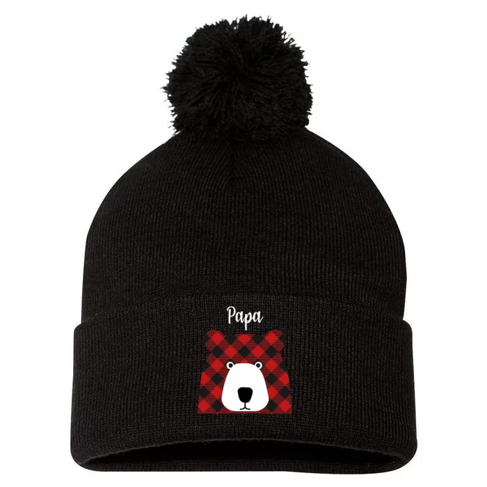 Plaid Pattern Papa Bear Pom Pom 12in Knit Beanie