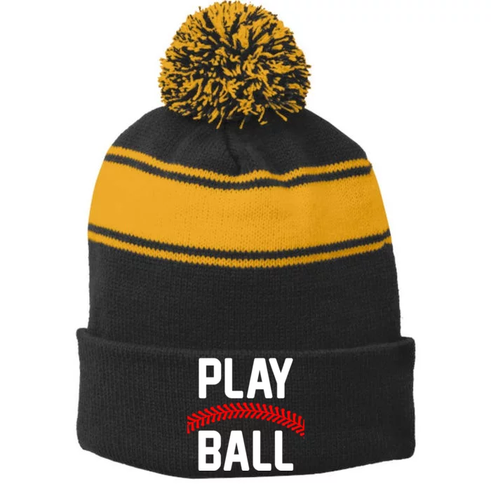 Play Ball Baseball and Softball Players Stripe Pom Pom Beanie