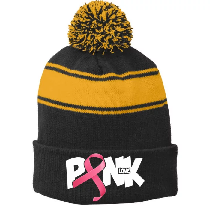 Pink Love Breast Cancer Ribbon Stripe Pom Pom Beanie