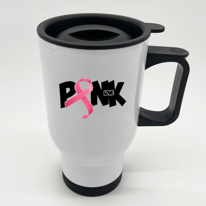 Pink Love Breast Cancer Ribbon Front & Back Stainless Steel Travel Mug