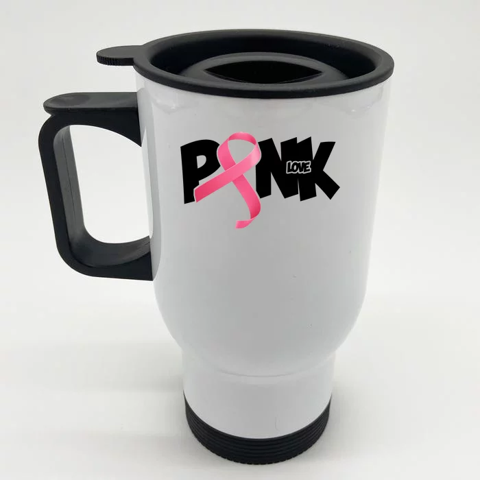 Pink Love Breast Cancer Ribbon Front & Back Stainless Steel Travel Mug