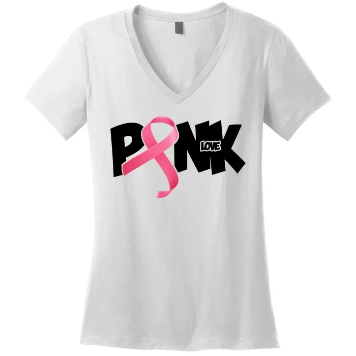 Pink Love Breast Cancer Ribbon Women's V-Neck T-Shirt