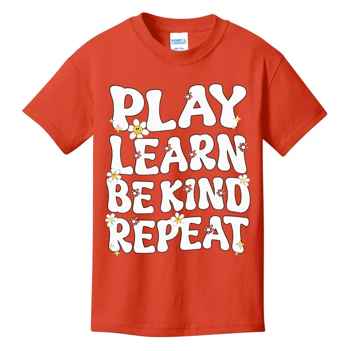 Play Learn Be Kind Repeat Groovy Unity Day Orange Teacher Kids T-Shirt