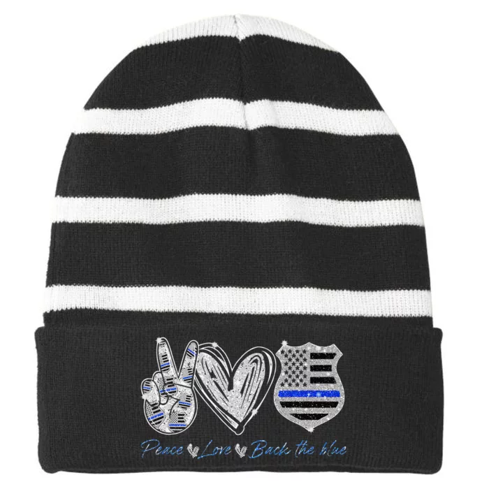 Peace Love Back The Blue Police Officer Gift Striped Beanie with Solid Band