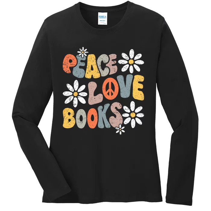 Peace Love Books Groovy Bookworm Book Nerd Reading Teacher Ladies Long Sleeve Shirt