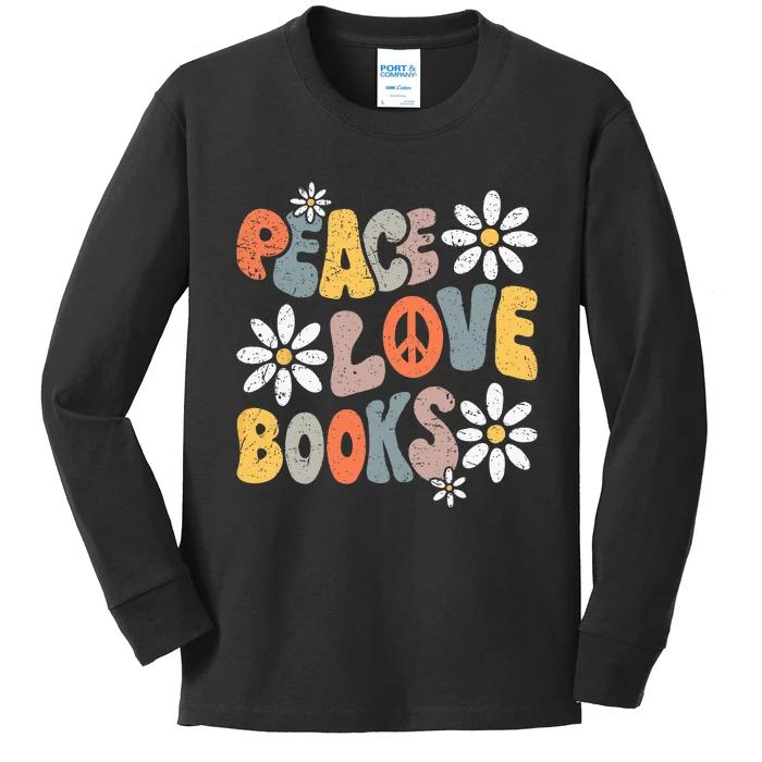 Peace Love Books Groovy Bookworm Book Nerd Reading Teacher Kids Long Sleeve Shirt