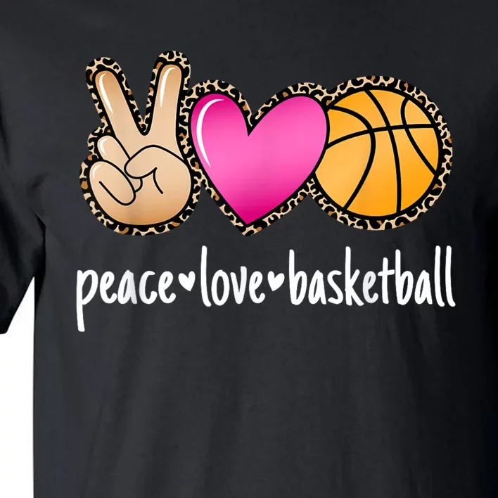 Peace Love Basketball Leopard Print Girls Women Basketball Tall T-Shirt