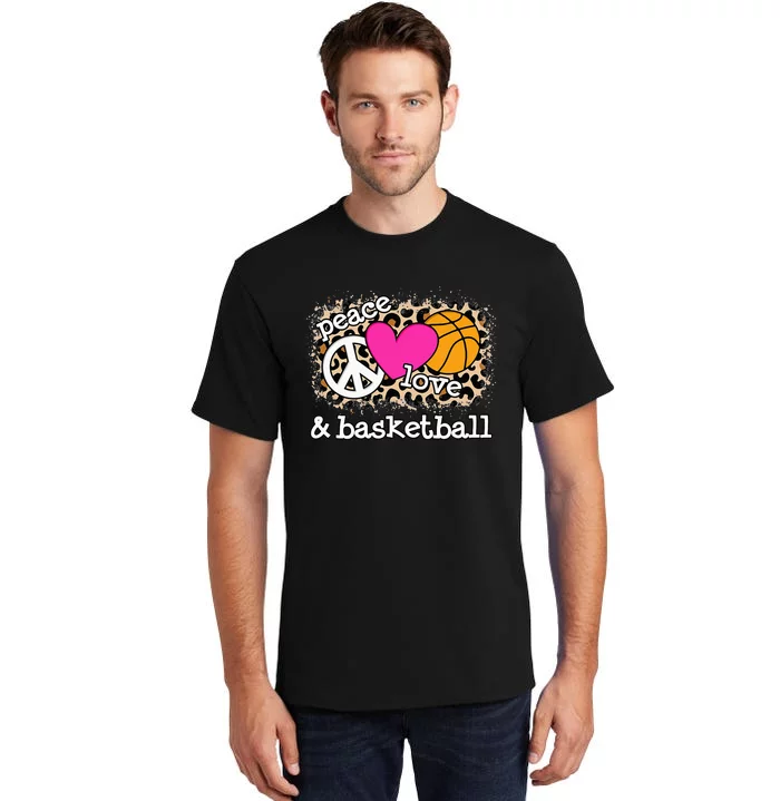 Peace Love Basketball Leopard Print  Basketball Tall T-Shirt