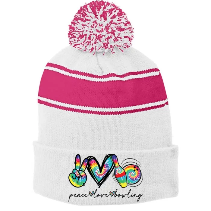 Peace Love Bowling Tie Dye Cute Bowling Lovers Stripe Pom Pom Beanie