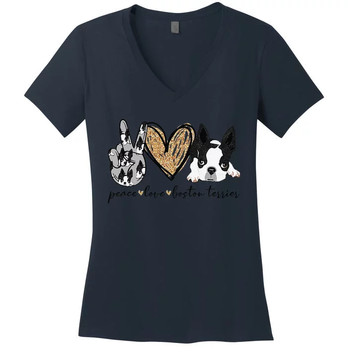 Peace Love Boston Terrier Funny Boston Terrier Lover Dog Mom Women's V-Neck T-Shirt