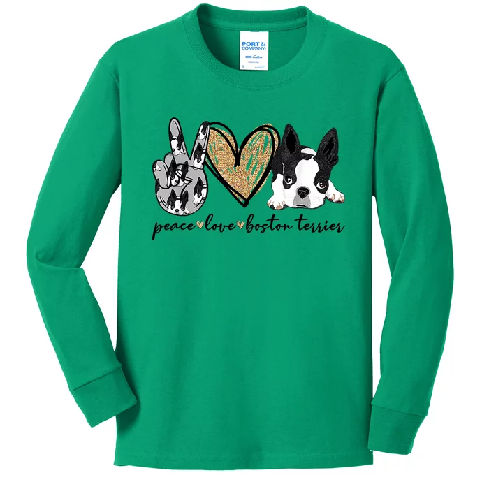 Peace Love Boston Terrier Funny Boston Terrier Lover Dog Mom Kids Long Sleeve Shirt