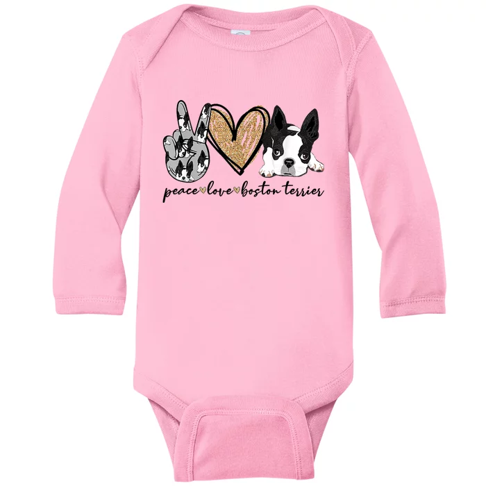 Peace Love Boston Terrier Funny Boston Terrier Lover Dog Mom Baby Long Sleeve Bodysuit