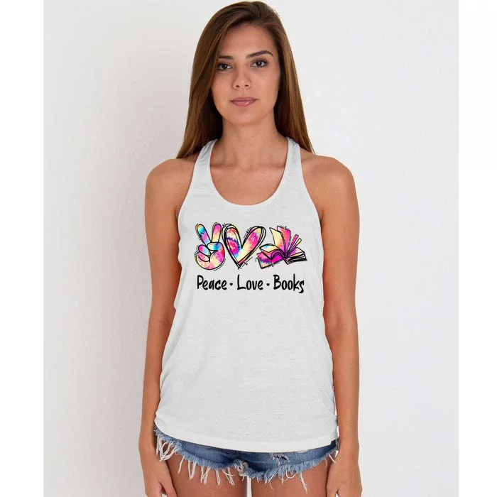 Peace Love Books Librarian Teacher Life Book Library Tie Dye Women's Knotted Racerback Tank