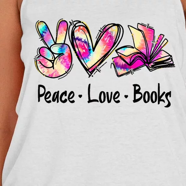 Peace Love Books Librarian Teacher Life Book Library Tie Dye Women's Knotted Racerback Tank